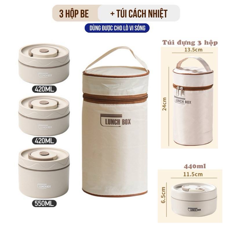 Hộp cơm 3 ô tròn có túi đựng