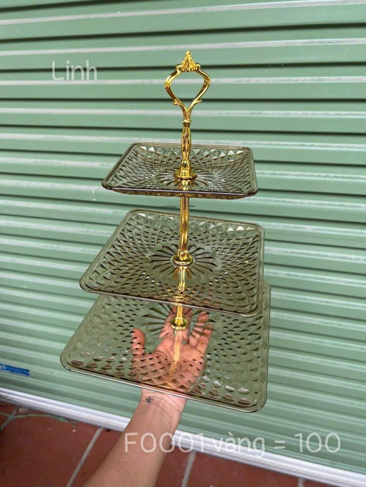 Khay đựng hoa quả, bánh kẹo 3 tầng vàng - vuông
