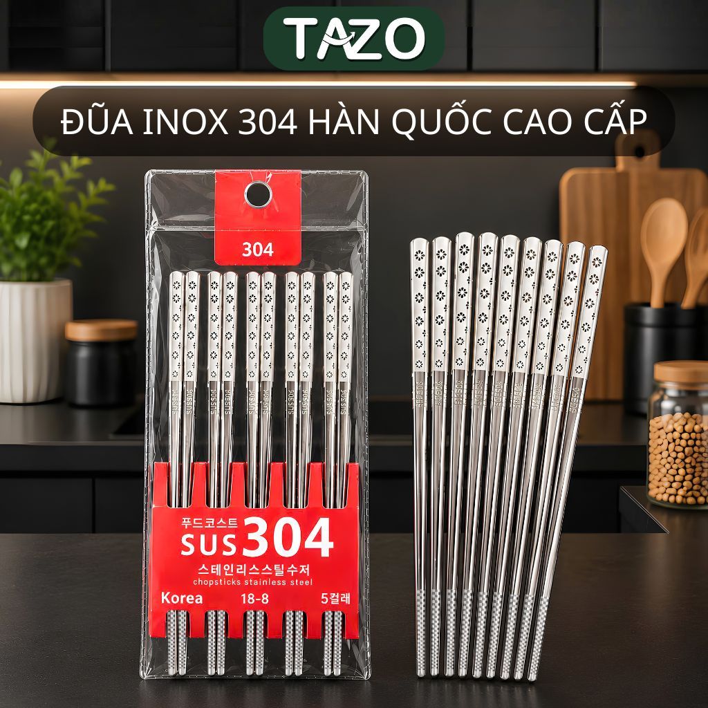 Vỉ 5 đôi đũa inox 304 cán hoa