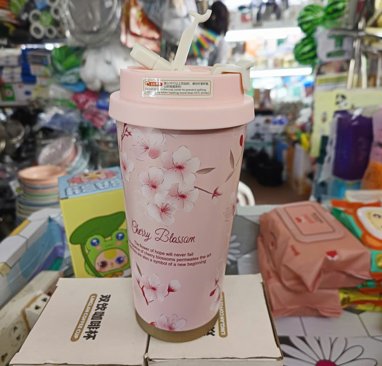 Cốc giữ nhiệt ống hút hoa đào